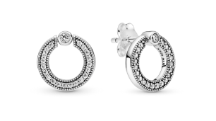 Aretes de Botón Reversibles Círculo de Pavé y Logotipo